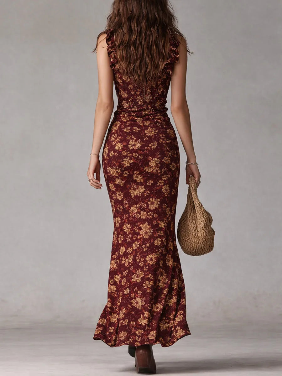 Women’s Vintage Boho Maxi Wedding Guest Dress with High Slit