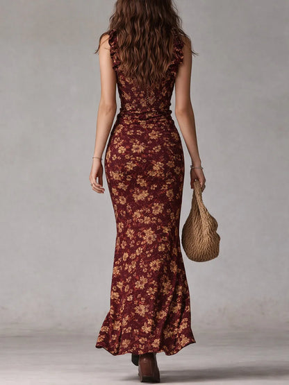 Women’s Vintage Boho Maxi Wedding Guest Dress with High Slit