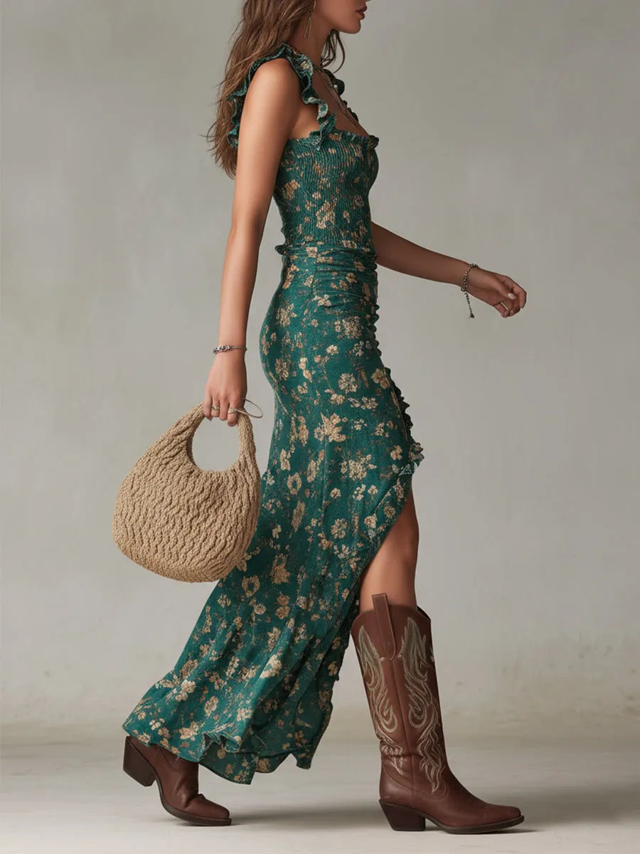 Women’s Vintage Boho Maxi Wedding Guest Dress with High Slit