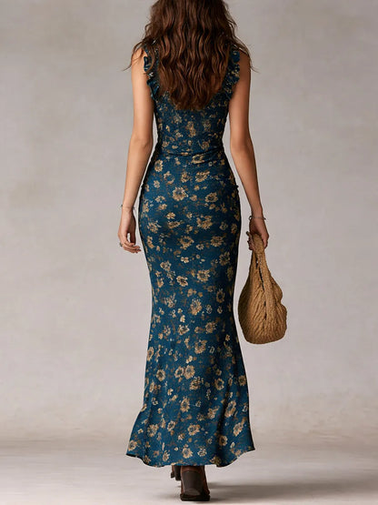 Women’s Vintage Boho Maxi Wedding Guest Dress with High Slit