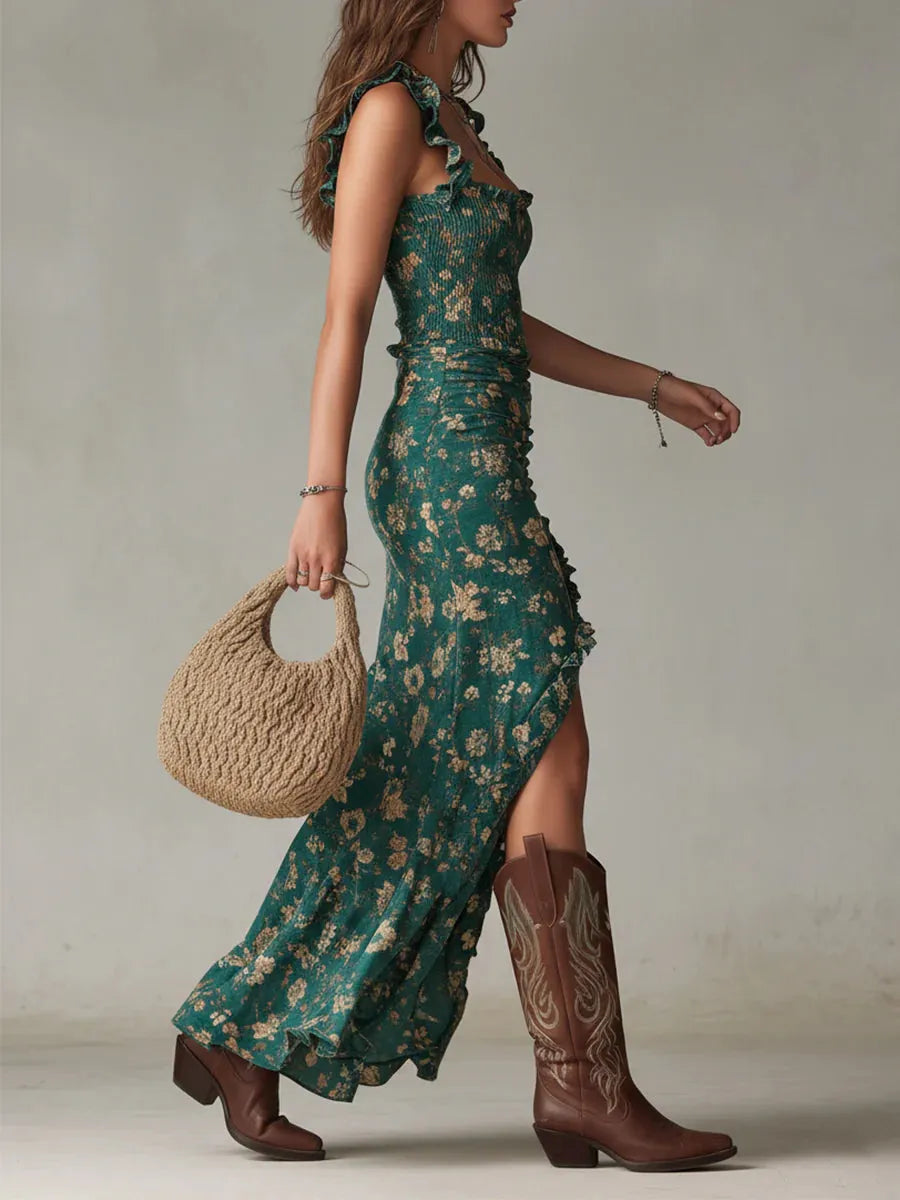 Women's Vintage Boho Maxi Wedding Guest Dress with Slit