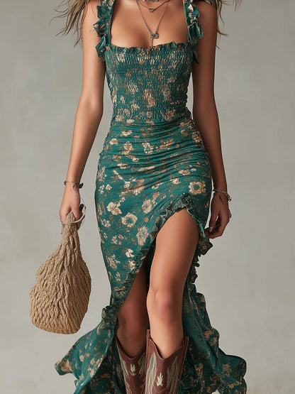 Women's Vintage Boho Maxi Wedding Guest Dress with Slit