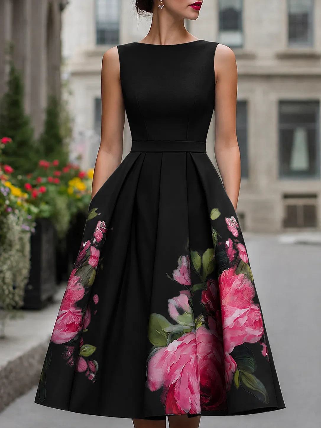 Women’s Elegant Floral Midi Wedding Guest Dress with Boat Neck
