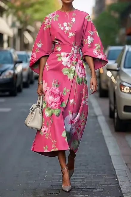 Women's Floral Elegant Midi Wedding Guest Dress with Bell Sleeve
