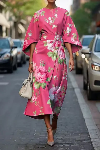 Women's Floral Elegant Midi Wedding Guest Dress with Bell Sleeve