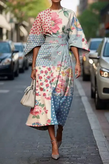 Women's Floral Elegant Midi Wedding Guest Dress with Bell Sleeve