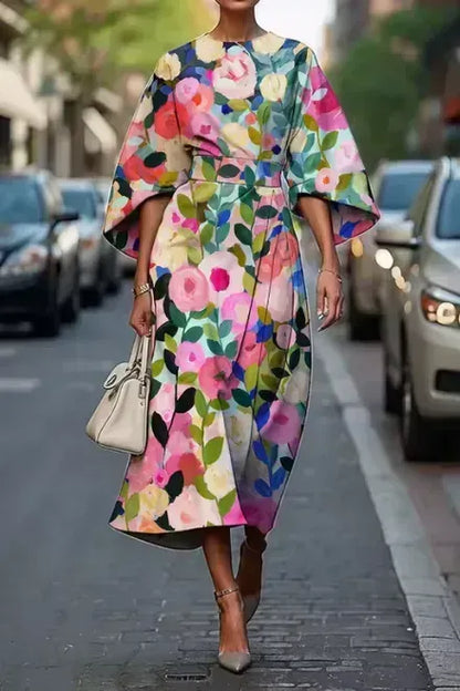 Women's Floral Elegant Midi Wedding Guest Dress with Bell Sleeve