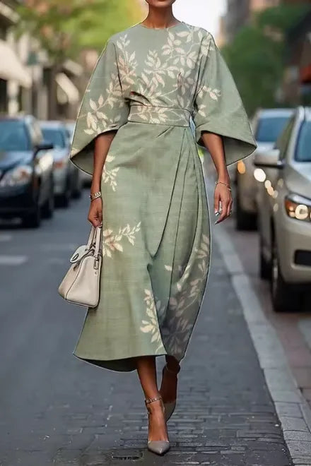 Women's Floral Elegant Midi Wedding Guest Dress with Bell Sleeve