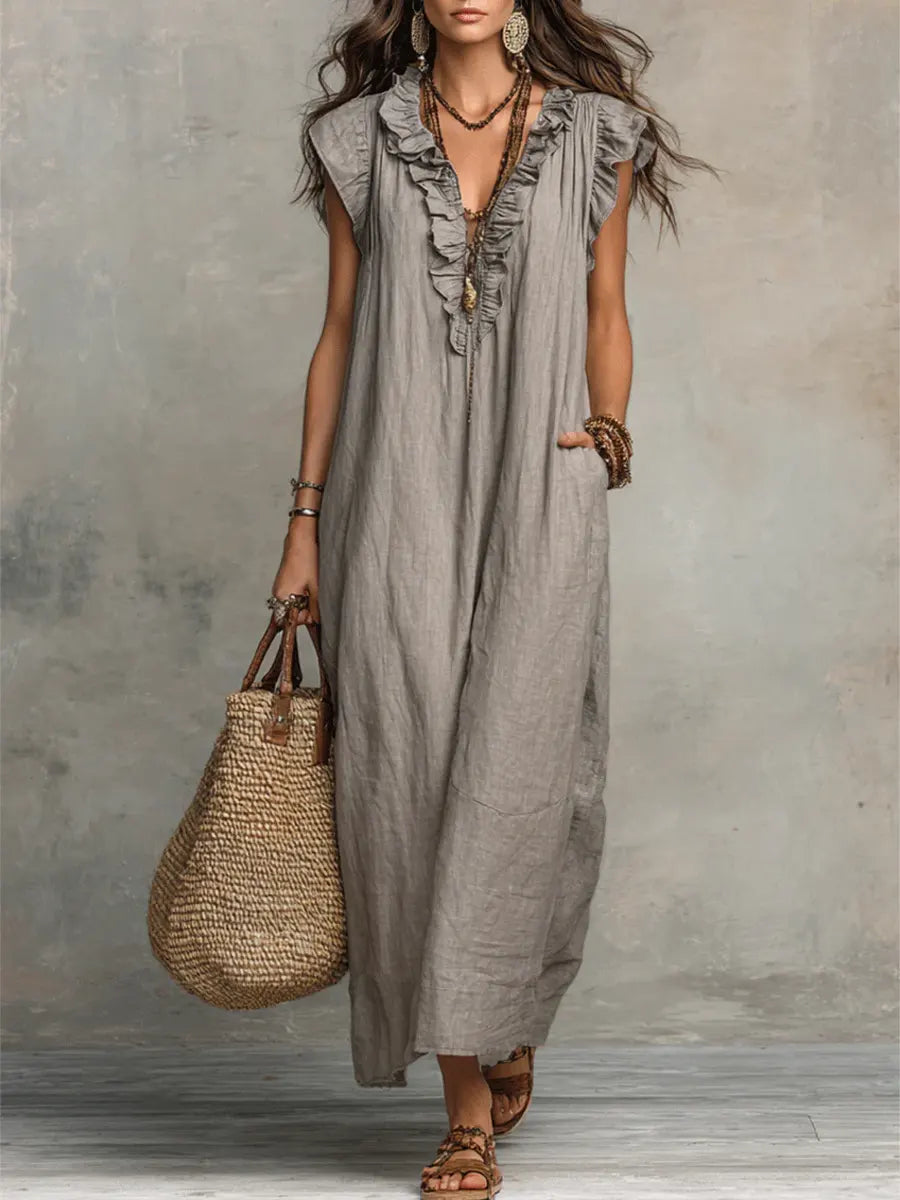 Women's Boho Flowy Maxi Summer Dress with Ruffle