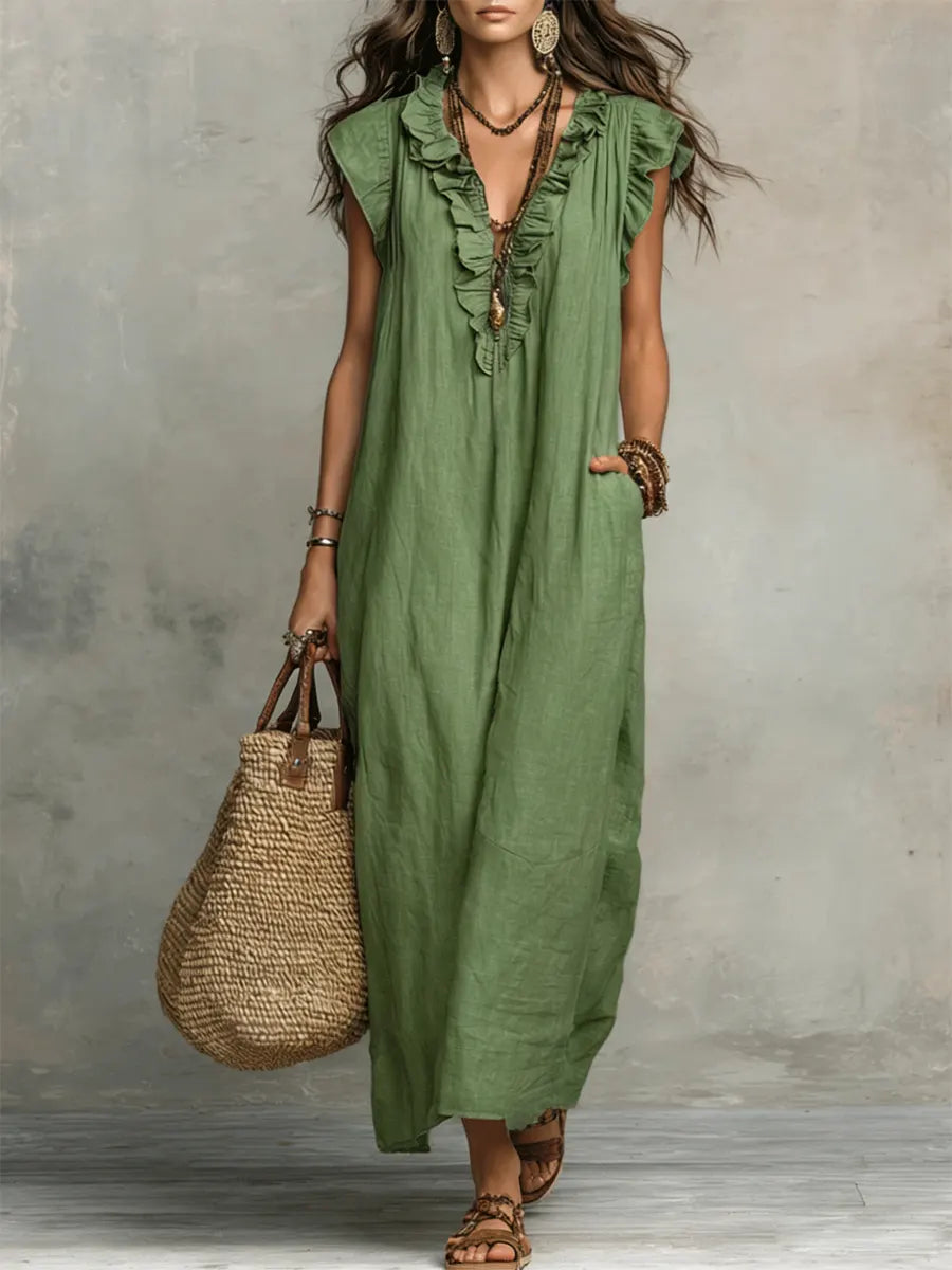 Women's Boho Flowy Maxi Summer Dress with Ruffle