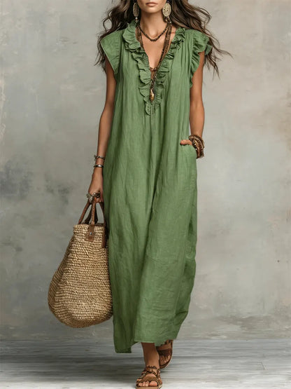 Women's Boho Flowy Maxi Summer Dress with Ruffle