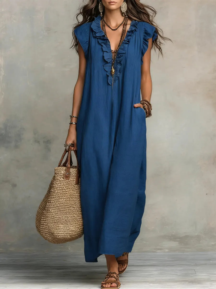 Women's Boho Flowy Maxi Summer Dress with Ruffle