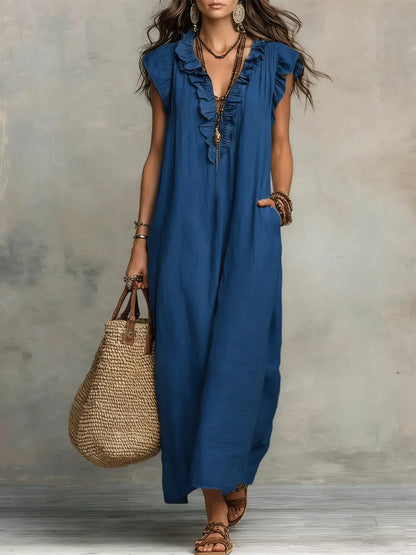 Women's Boho Flowy Maxi Summer Dress with Ruffle