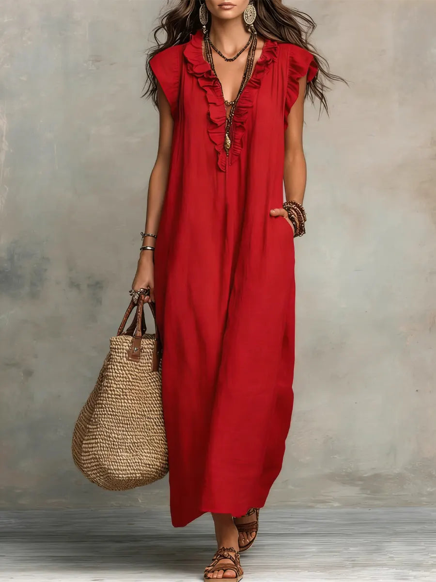 Women's Boho Flowy Maxi Summer Dress with Ruffle