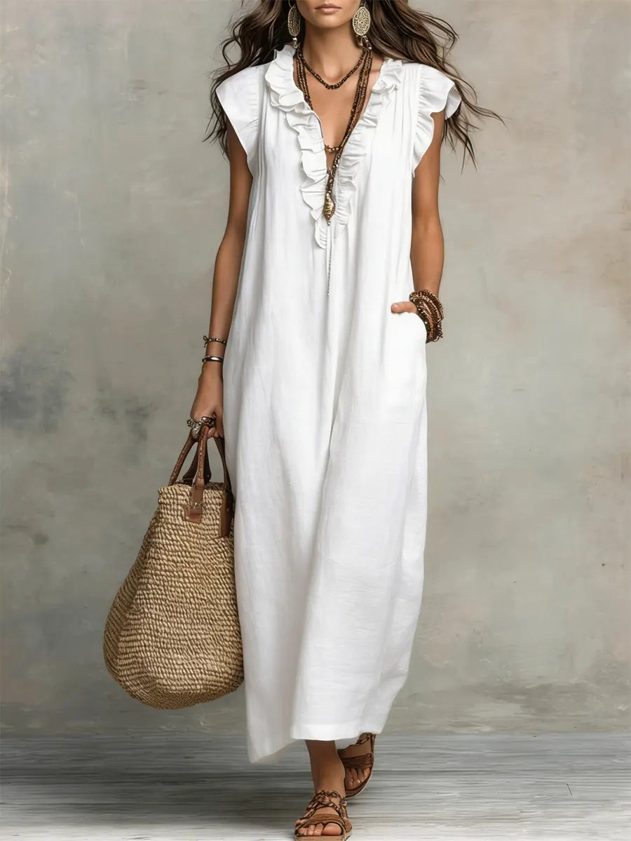 Women's Boho Flowy Maxi Summer Dress with Ruffle