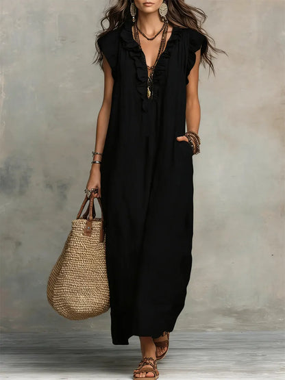 Women's Boho Flowy Maxi Summer Dress with Ruffle