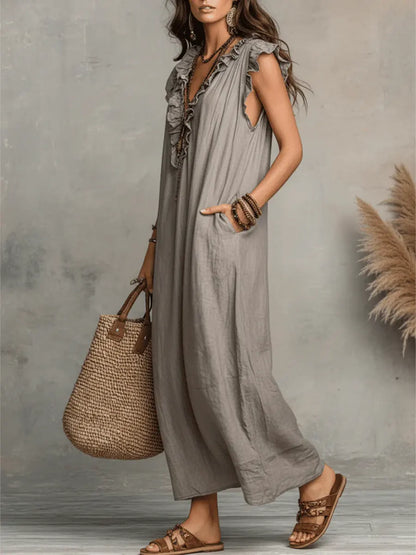 Women's Boho Flowy Maxi Summer Dress with Ruffle
