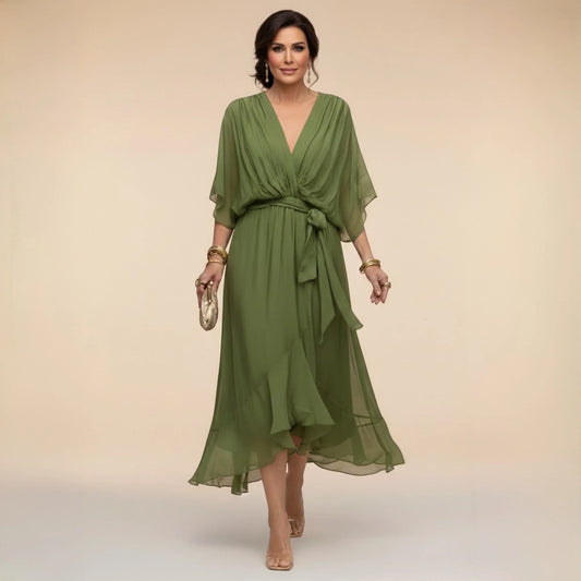 Women's Elegant Asymmetrical Midi Wedding Guest Dress with V Neck