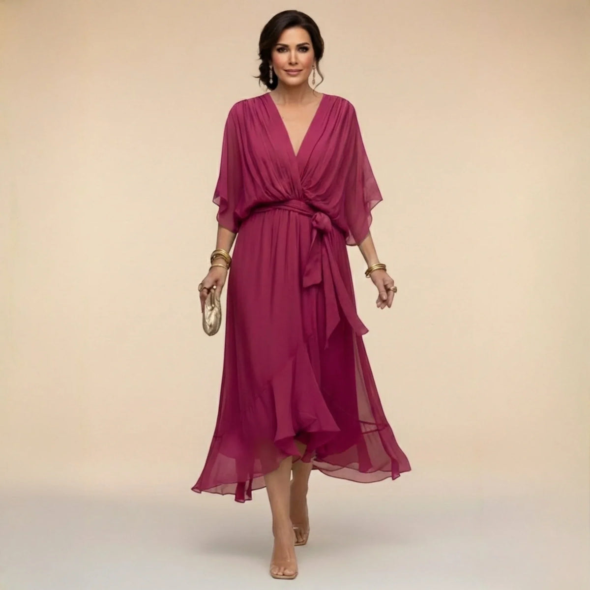 Women's Elegant Asymmetrical Midi Wedding Guest Dress with V Neck