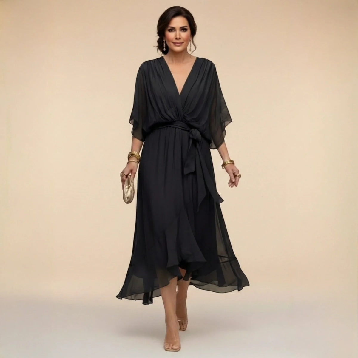Women's Elegant Asymmetrical Midi Wedding Guest Dress with V Neck