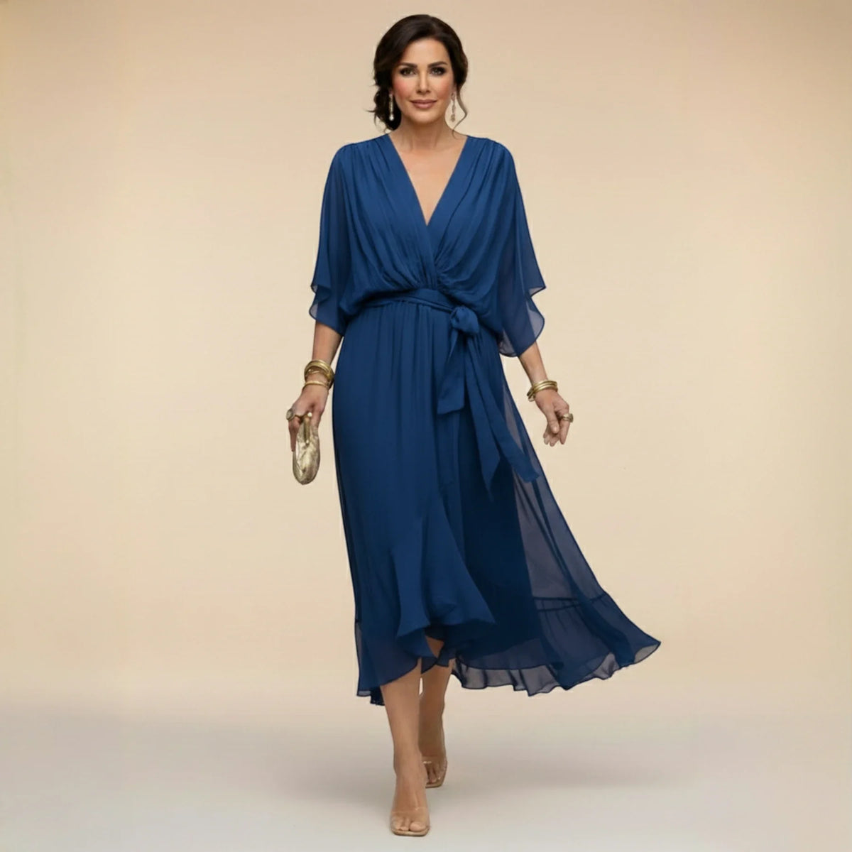 Women's Elegant Asymmetrical Midi Wedding Guest Dress with V Neck