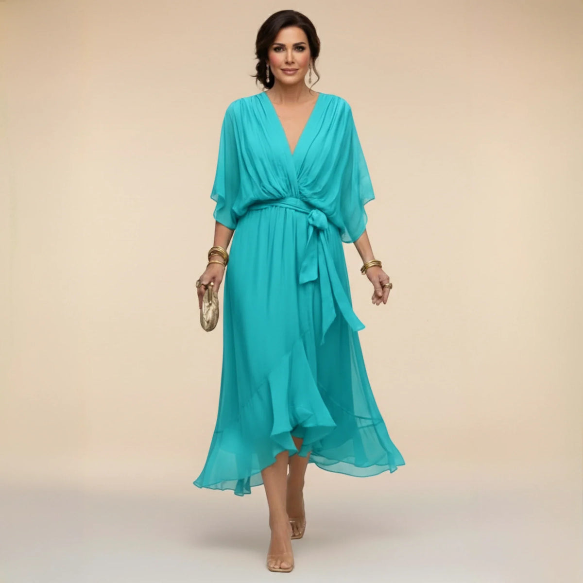 Women's Elegant Asymmetrical Midi Wedding Guest Dress with V Neck