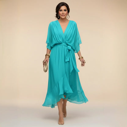 Women's Elegant Asymmetrical Midi Wedding Guest Dress with V Neck