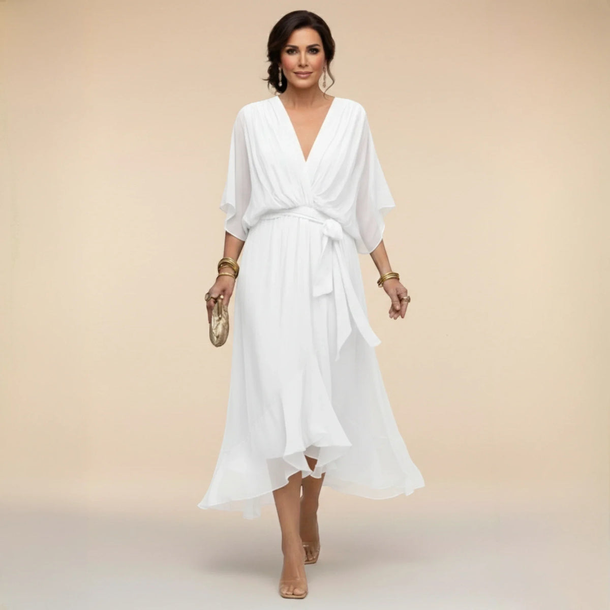 Women's Elegant Asymmetrical Midi Wedding Guest Dress with V Neck