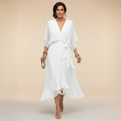 Women's Elegant Asymmetrical Midi Wedding Guest Dress with V Neck
