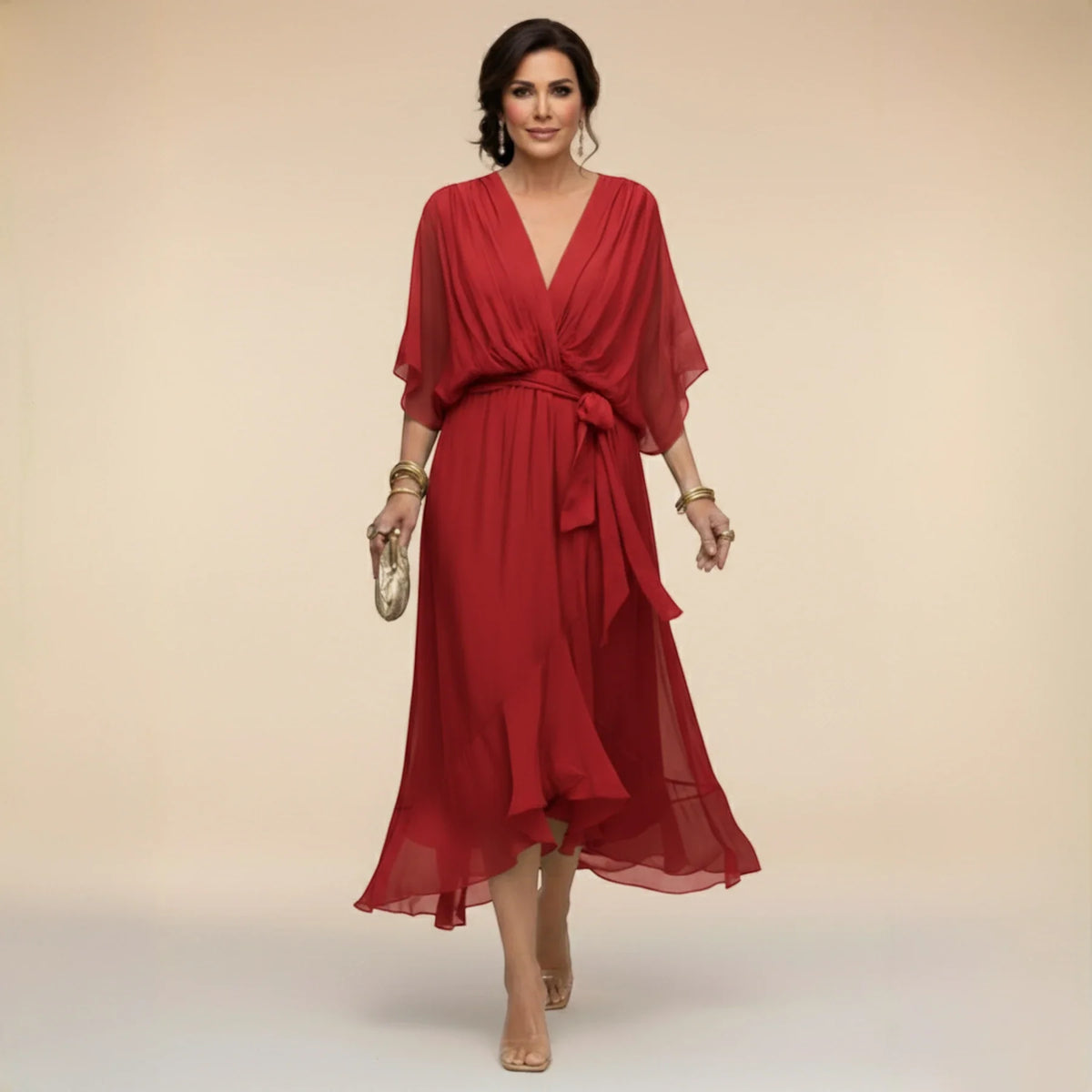 Women's Elegant Asymmetrical Midi Wedding Guest Dress with V Neck
