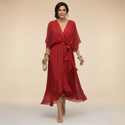 Women's Elegant Asymmetrical Midi Wedding Guest Dress with V Neck