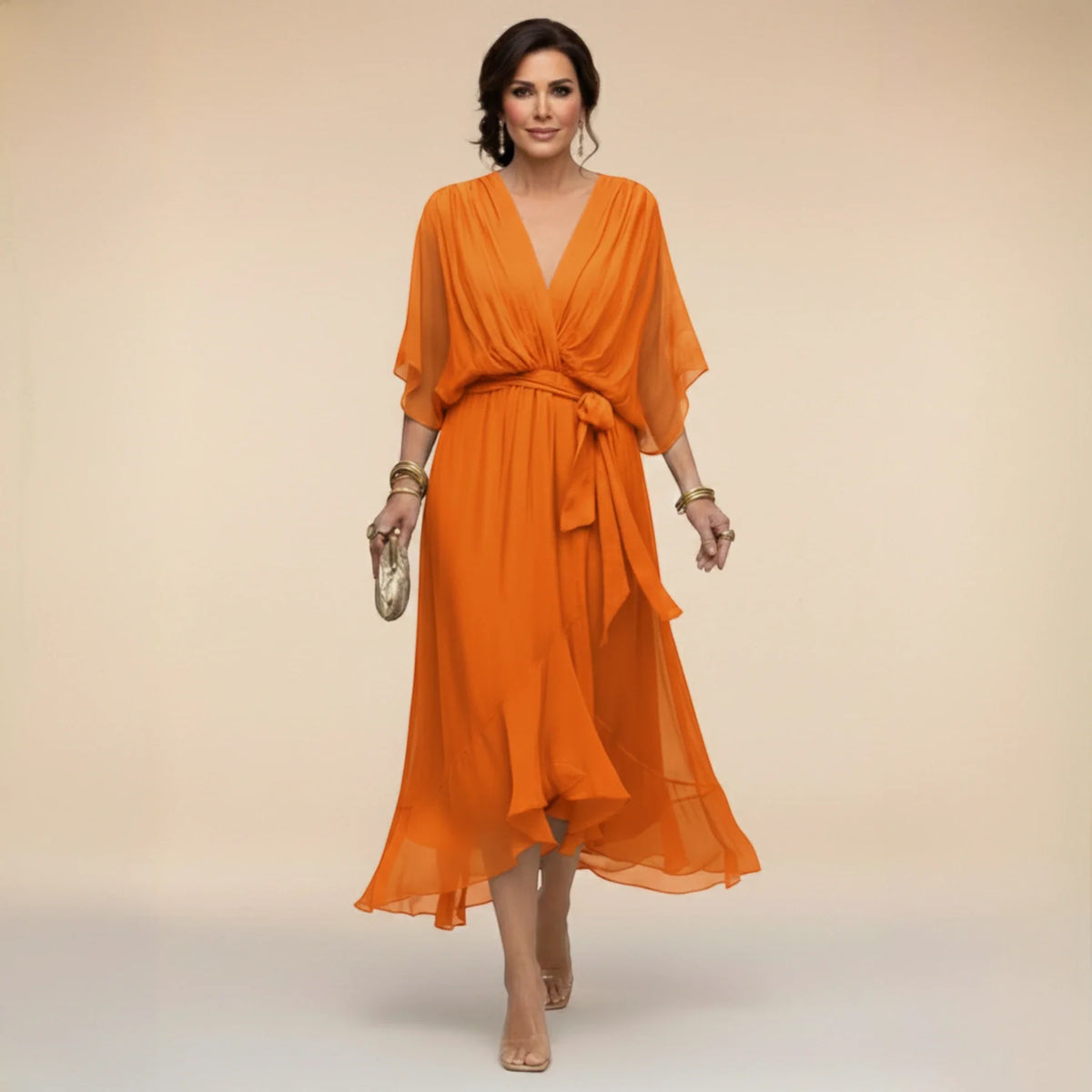 Women's Elegant Asymmetrical Midi Wedding Guest Dress with V Neck