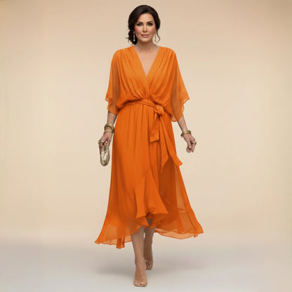 Women's Elegant Asymmetrical Midi Wedding Guest Dress with V Neck