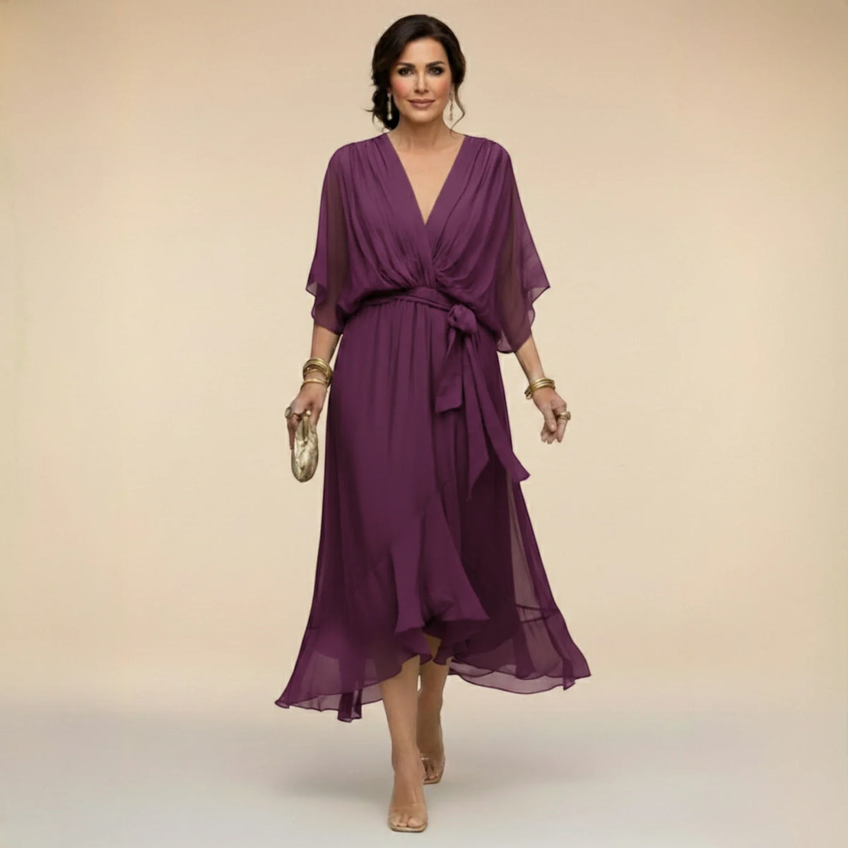 Women's Elegant Asymmetrical Midi Wedding Guest Dress with V Neck