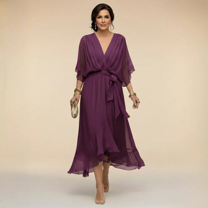 Women's Elegant Asymmetrical Midi Wedding Guest Dress with V Neck