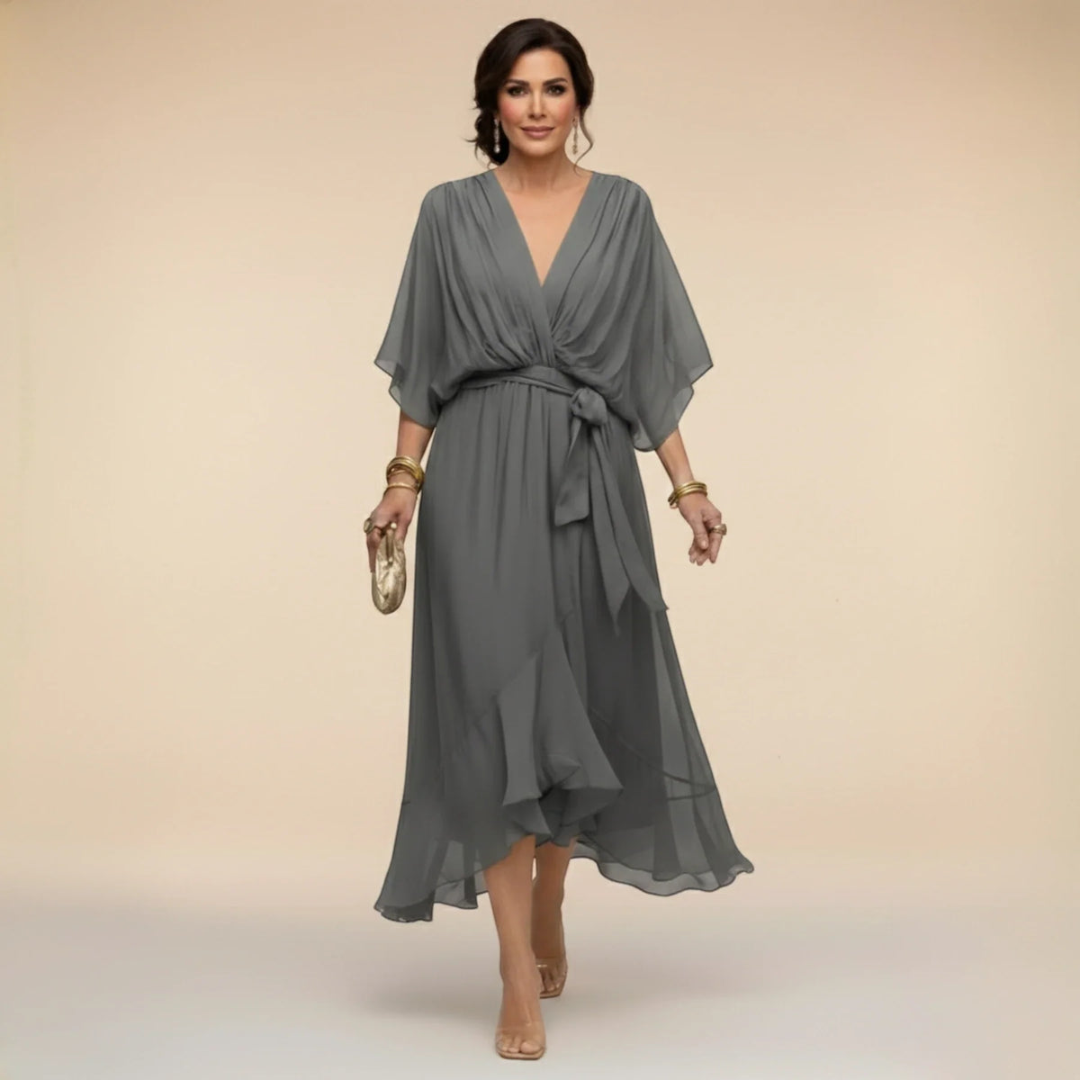 Women's Elegant Asymmetrical Midi Wedding Guest Dress with V Neck