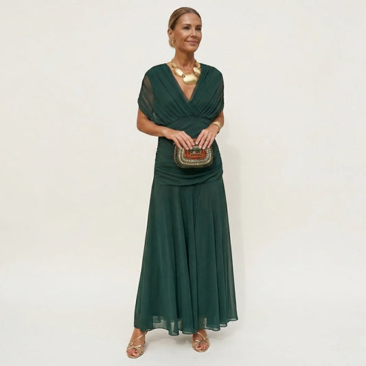 Women's Elegant Flowy Maxi Wedding Guest Dress with Off Shoulder Neckline