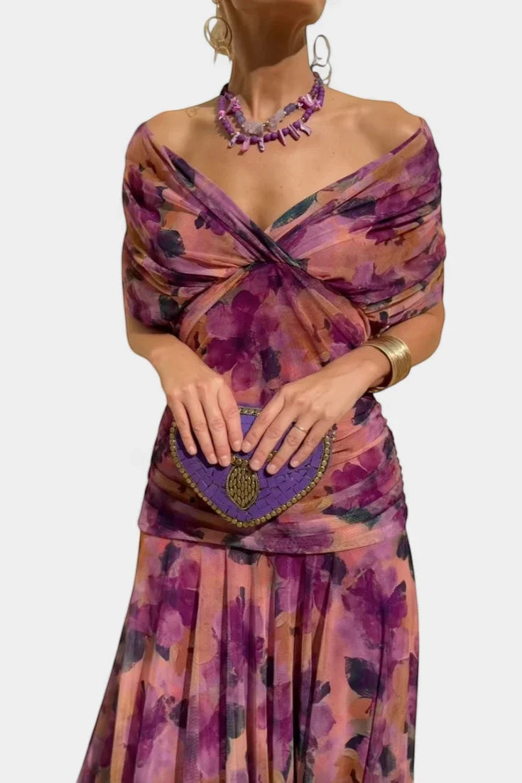 Women's Elegant Flowy Maxi Wedding Guest Dress with Off Shoulder Neckline
