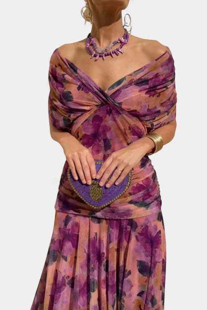 Women's Elegant Flowy Maxi Wedding Guest Dress with Off Shoulder Neckline