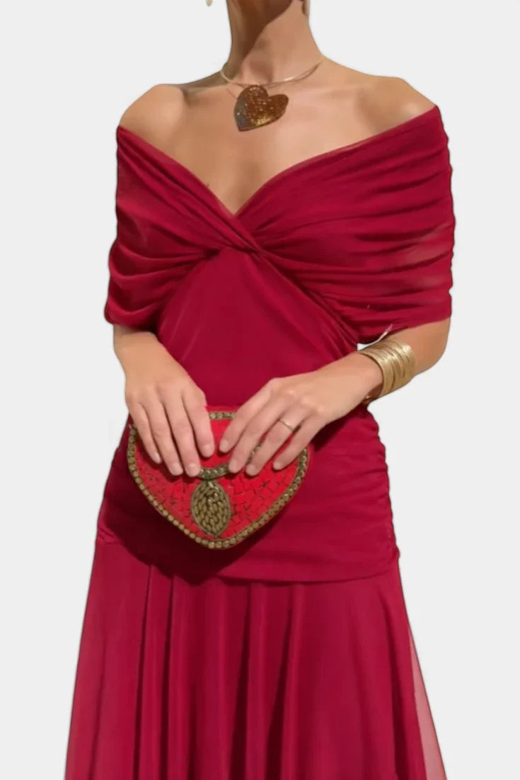 Women's Elegant Flowy Maxi Wedding Guest Dress with Off Shoulder Neckline