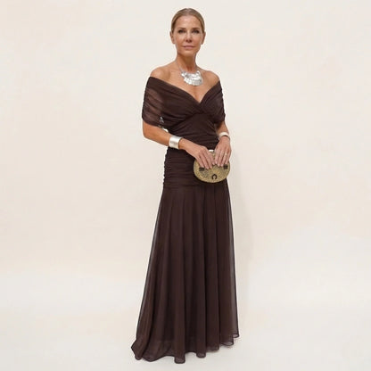 Women's Elegant Flowy Maxi Wedding Guest Dress with Off Shoulder Neckline