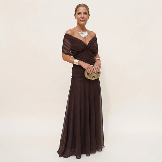 Women's Elegant Flowy Maxi Wedding Guest Dress with Off Shoulder Neckline