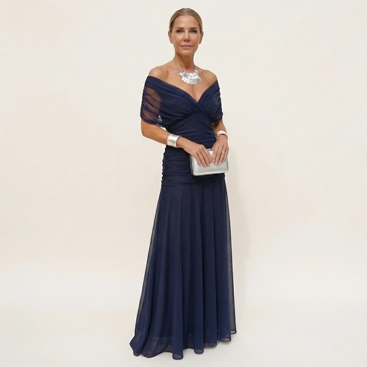 Women's Elegant Flowy Maxi Wedding Guest Dress with Off Shoulder Neckline