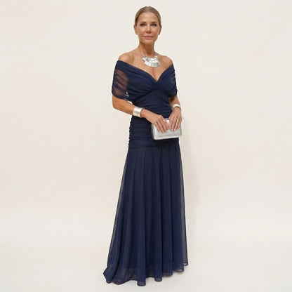 Women's Elegant Flowy Maxi Wedding Guest Dress with Off Shoulder Neckline
