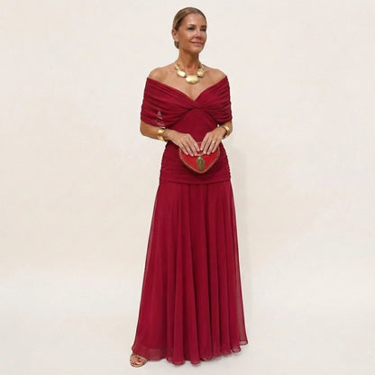 Women's Elegant Flowy Maxi Wedding Guest Dress with Off Shoulder Neckline