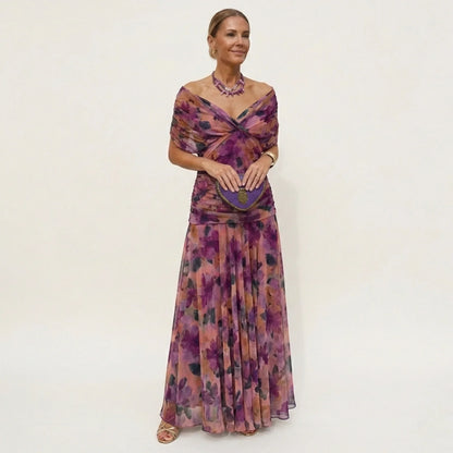Women's Elegant Flowy Maxi Wedding Guest Dress with Off Shoulder Neckline