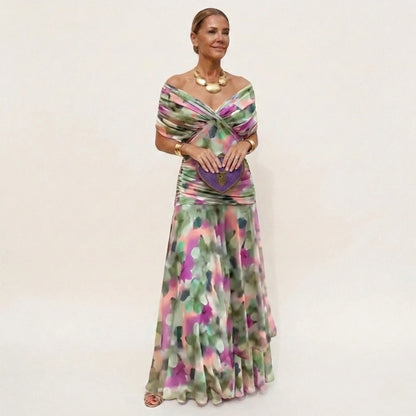 Women's Elegant Flowy Maxi Wedding Guest Dress with Off Shoulder Neckline