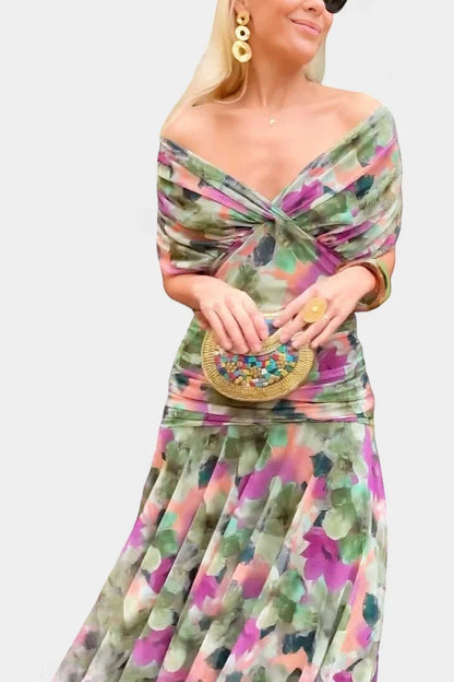 Women's Elegant Flowy Maxi Wedding Guest Dress with Off Shoulder Neckline