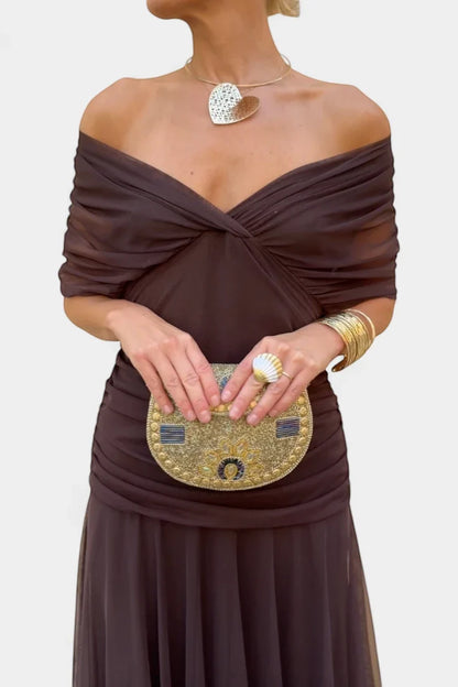 Women's Elegant Flowy Maxi Wedding Guest Dress with Off Shoulder Neckline
