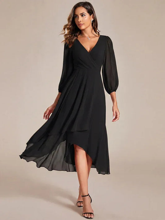 Women's Elegant Flowy Midi Wedding Guest Dress with Long Sleeve